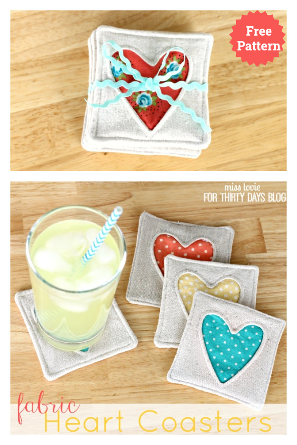 Simple Fabric Heart Coasters Free Sewing Pattern 