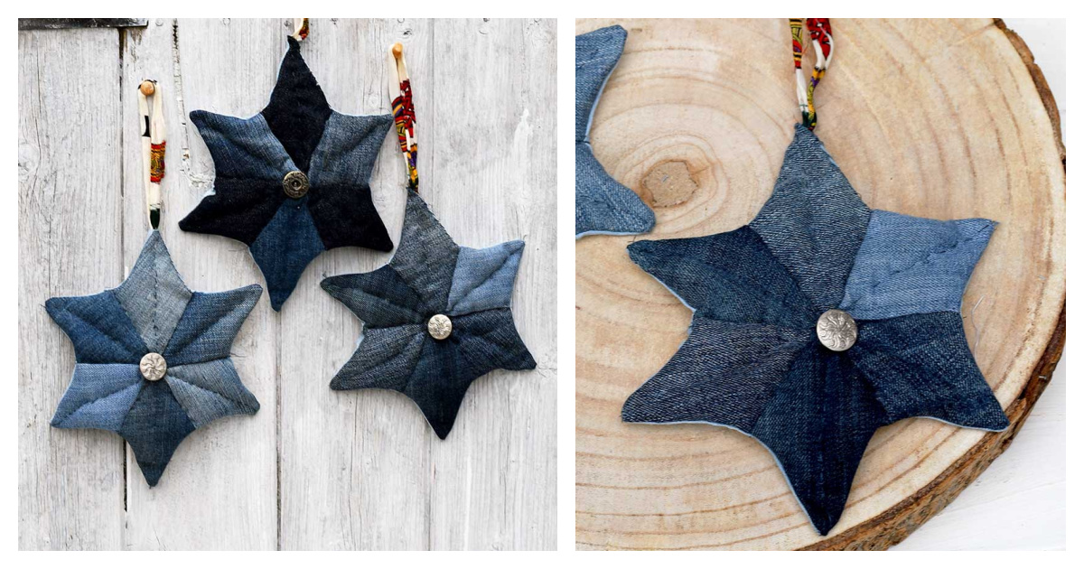 Upcycled Patchwork Denim Quilted Star Christmas Ornament Free Sewing Pattern