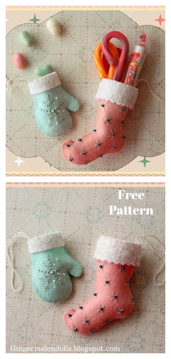 Mini Mitten and Stocking Ornaments Free Sewing Pattern 