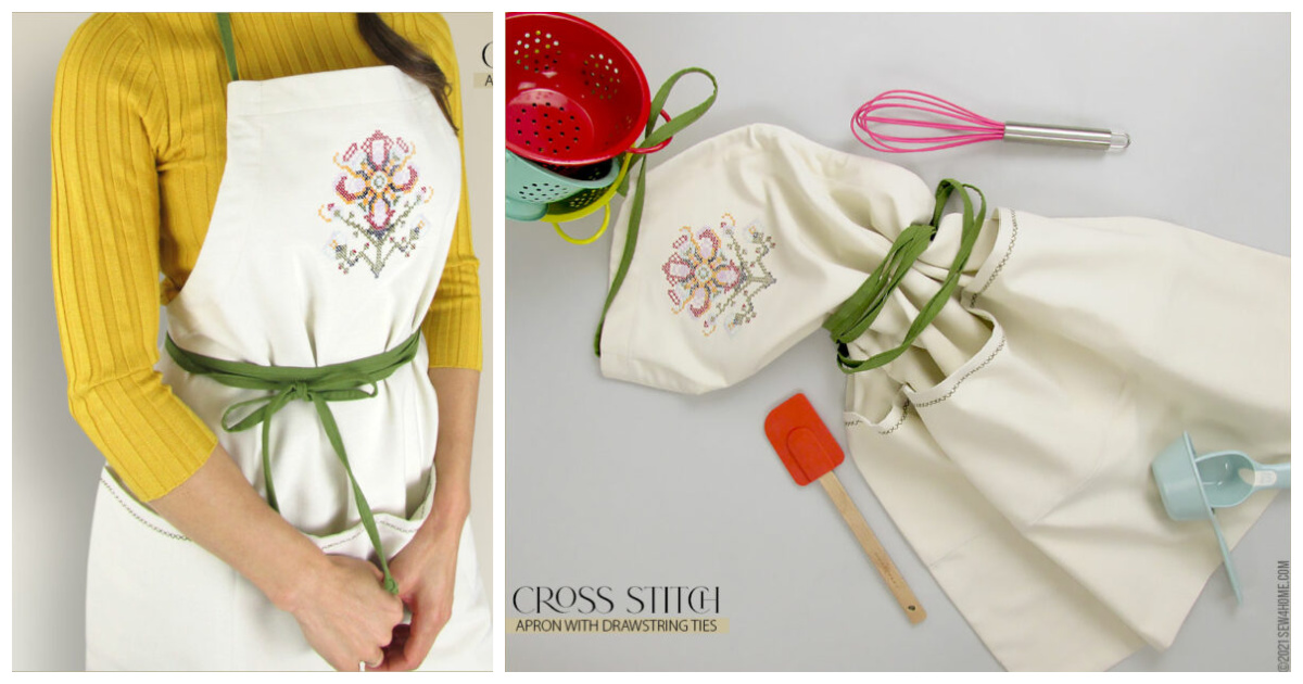 Cross Stitch Apron with Drawstring Ties Free Sewing Pattern