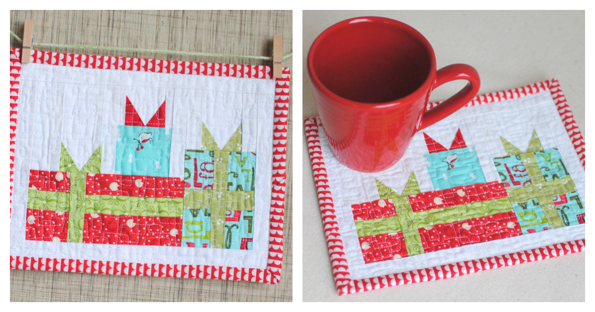 Mini Merry Gift Boxes Mug Rug Free Sewing Pattern